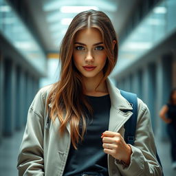 A beautiful 25-year-old woman dressed in stylish student attire, showcasing her attractiveness and provocative expression