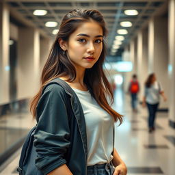 A beautiful 25-year-old woman dressed in stylish student attire, showcasing her attractiveness and provocative expression