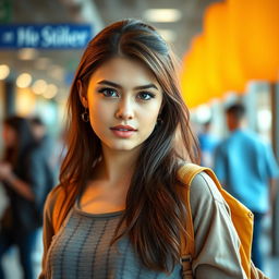 A beautiful 25-year-old woman dressed in trendy student attire, presenting a captivating and provocative expression