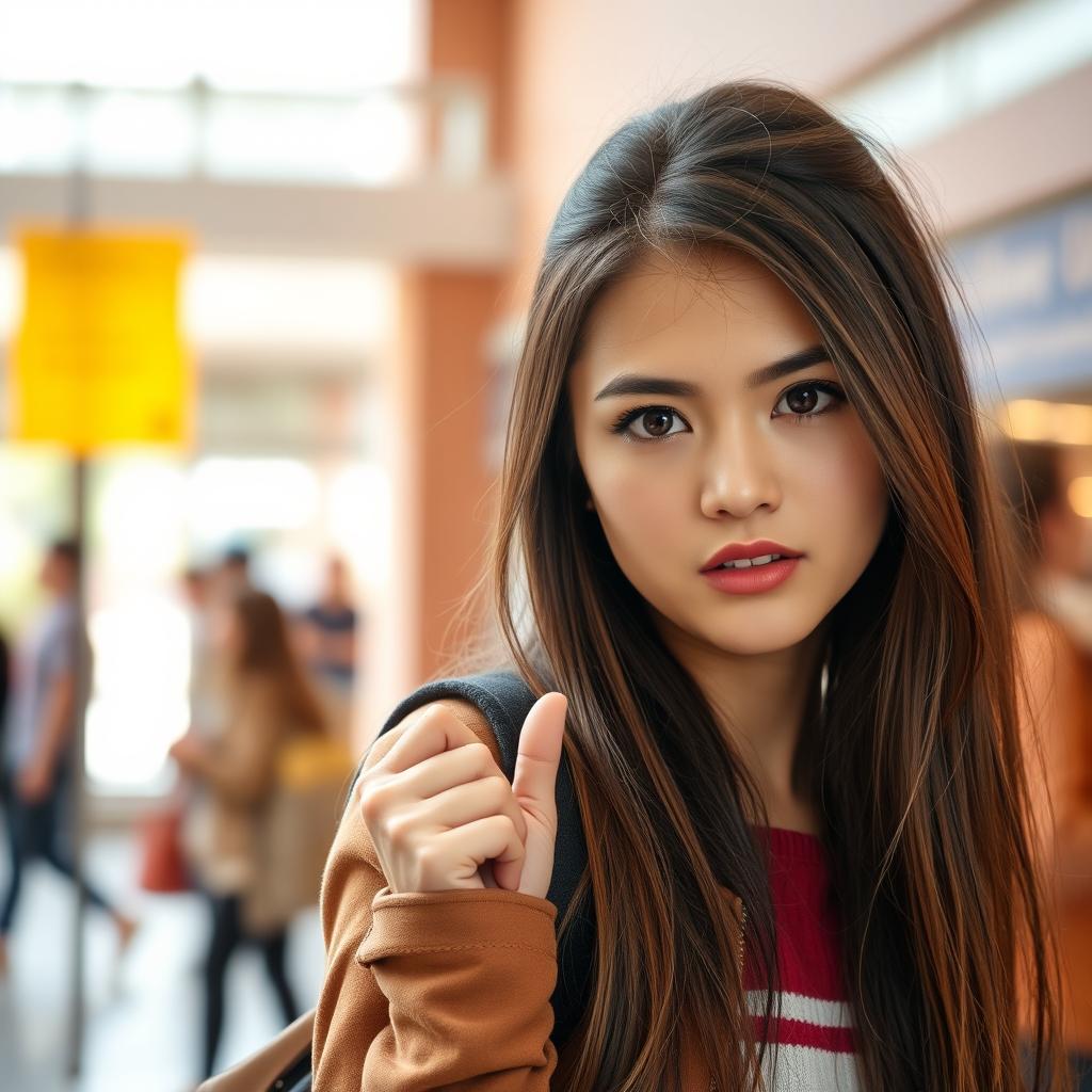 A beautiful 25-year-old woman dressed in trendy student attire, presenting a captivating and provocative expression