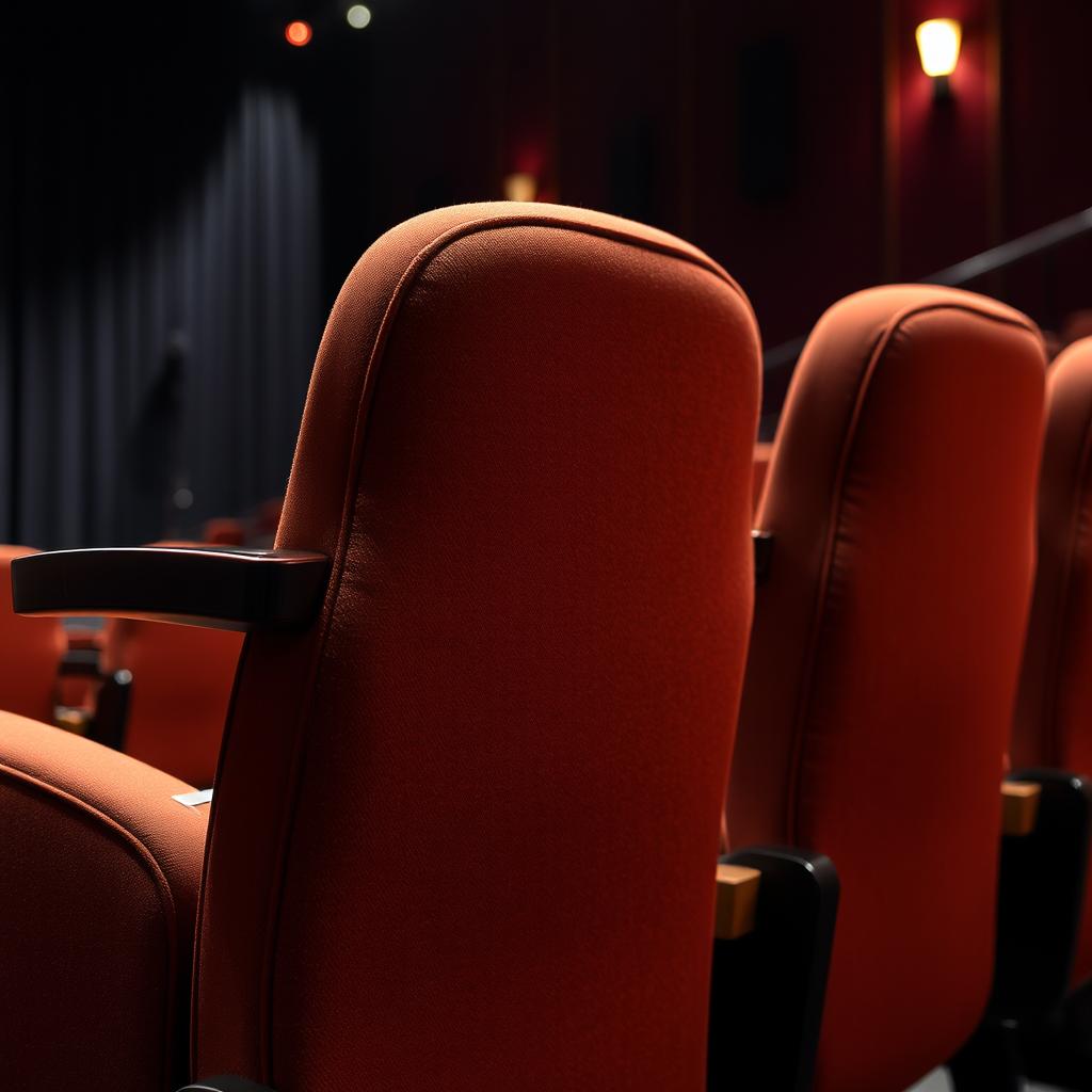 A detailed side view of a theater auditorium chair, showcasing its elegant design and luxurious fabric upholstery
