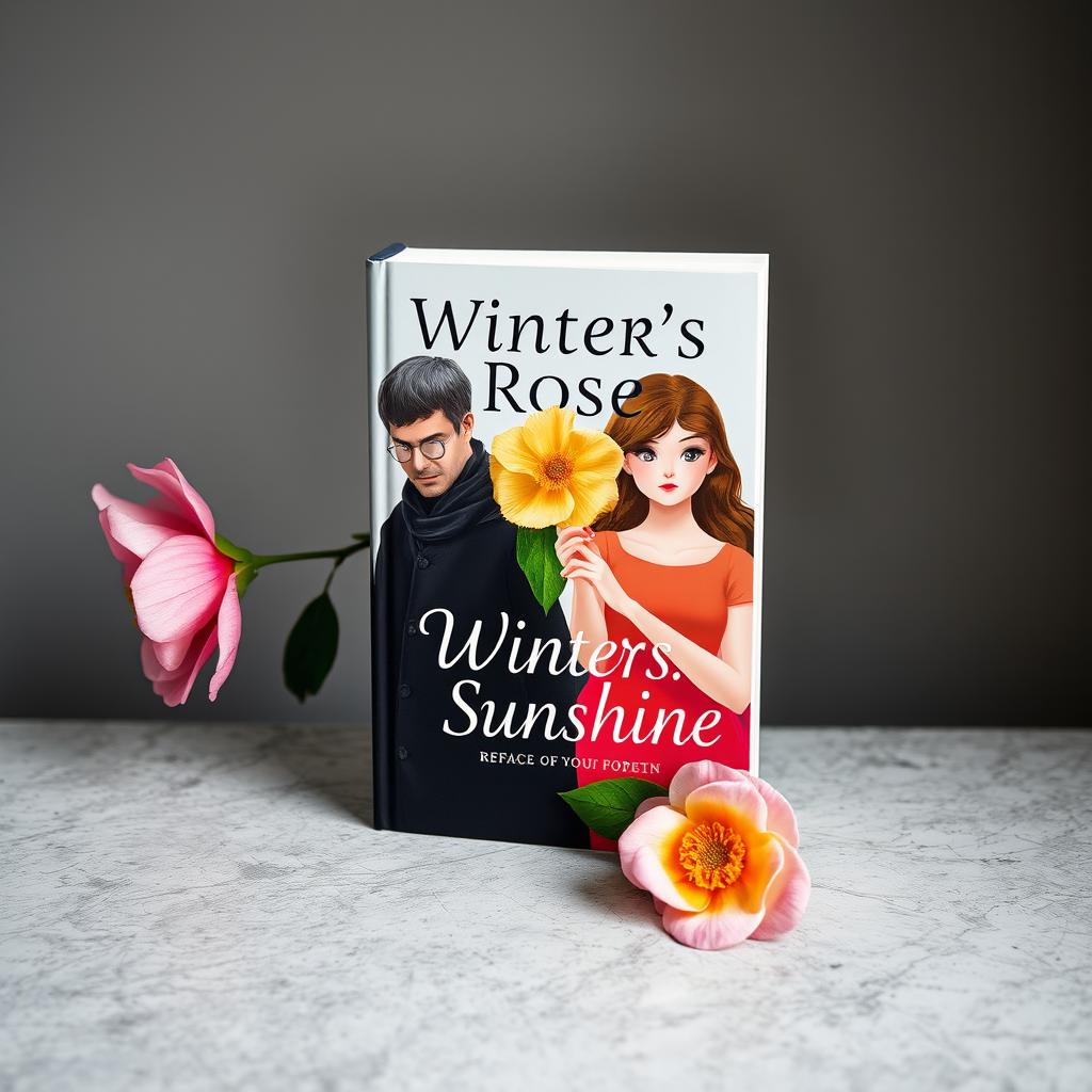A visually striking scene featuring a book titled 'Winter's Rose' positioned on a textured surface