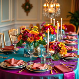 A beautifully arranged table setting with an array of vibrant colors, featuring elegant dinnerware and colorful floral centerpieces