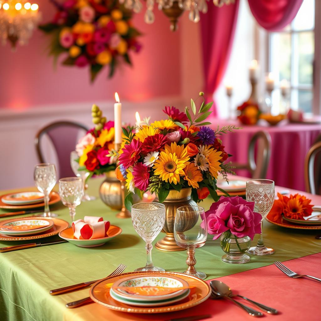 A beautifully arranged table setting with an array of vibrant colors, featuring elegant dinnerware and colorful floral centerpieces