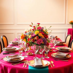 A beautifully arranged table setting with an array of vibrant colors, featuring elegant dinnerware and colorful floral centerpieces