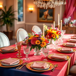 A beautifully arranged table setting with an array of vibrant colors, featuring elegant dinnerware and colorful floral centerpieces