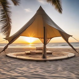 A modern architectural tent placed on a sandy beach with a stunning ocean backdrop during sunset.