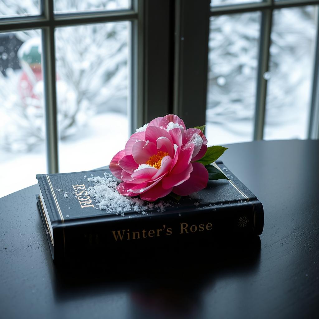A dark, elegant book titled 'Winter's Rose' lying on top of a dark table