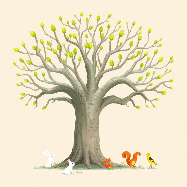 An ancient tree with smooth, bare branches that have sprouted green buds at their tips, illustrated in the whimsical style of Jon Klassen