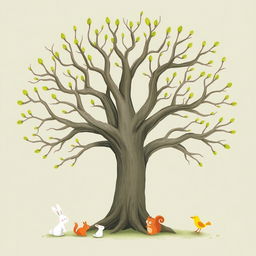 An ancient tree with smooth, bare branches that have sprouted green buds at their tips, illustrated in the whimsical style of Jon Klassen