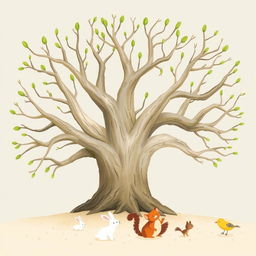 An ancient tree with smooth, bare branches that have sprouted green buds at their tips, illustrated in the whimsical style of Jon Klassen