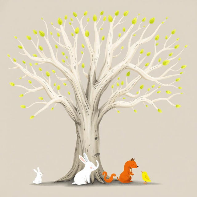 An ancient tree with smooth, bare branches that have sprouted new green buds at their tips, illustrated in the whimsical style of Jon Klassen