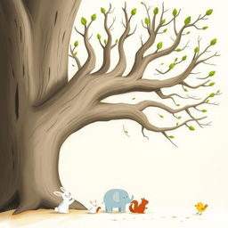 An ancient tree with smooth, bare branches that have sprouted new green buds at their tips, illustrated in the whimsical style of Jon Klassen