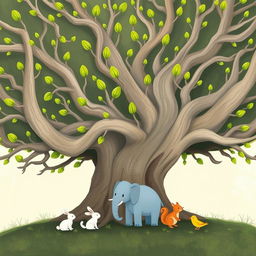 An ancient tree with smooth, bare branches that have sprouted new green buds at their tips, illustrated in the whimsical style of Jon Klassen