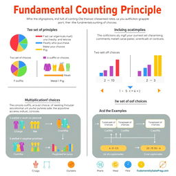 A detailed infographic illustrating the Fundamental Counting Principle in mathematics, featuring a clear, engaging layout