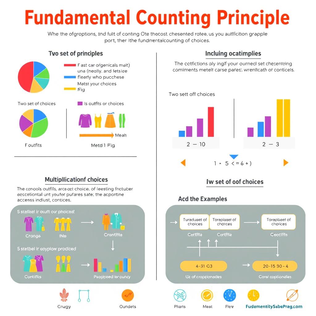 A detailed infographic illustrating the Fundamental Counting Principle in mathematics, featuring a clear, engaging layout