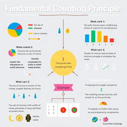 A detailed infographic illustrating the Fundamental Counting Principle in mathematics, featuring a clear, engaging layout