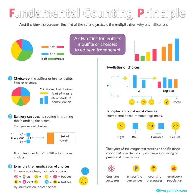 A detailed infographic illustrating the Fundamental Counting Principle in mathematics, featuring a clear, engaging layout