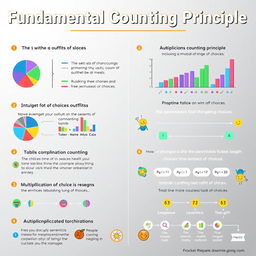 A detailed infographic illustrating the Fundamental Counting Principle in mathematics, featuring a clear, engaging layout