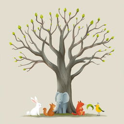 An old tree with smooth, bare branches that have sprouted fresh green buds at the tips