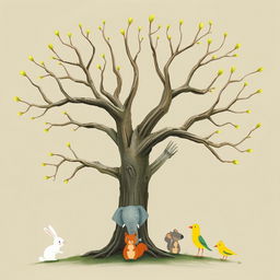 An old tree with smooth, bare branches that have sprouted fresh green buds at the tips