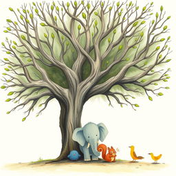 An old tree with smooth, bare branches that have sprouted fresh green buds at the tips