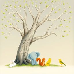 An old tree with smooth, bare branches that have fresh green buds sprouting at the tips