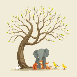 An old tree with smooth, bare branches that have fresh green buds sprouting at the tips