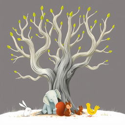 An old tree with smooth, bare branches that have fresh green buds sprouting at the tips