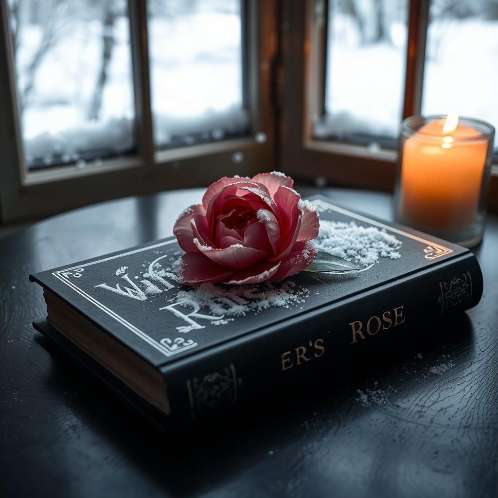 A dark, elegant book titled 'Winter's Rose' resting atop a dark table