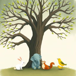 An old tree with branches that have sprouted fresh green buds at their tips, illustrated in the whimsical style of Jon Klassen
