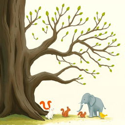 An old tree with branches that have sprouted fresh green buds at their tips, illustrated in the whimsical style of Jon Klassen