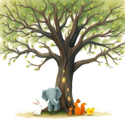 An old tree with branches that have sprouted fresh green buds at their tips, illustrated in the whimsical style of Jon Klassen