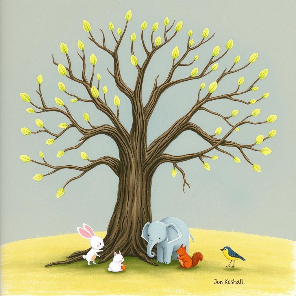 An old tree with branches that have sprouted fresh green buds at their tips, illustrated in the whimsical style of Jon Klassen