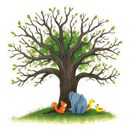 An old tree characterized by its smooth, bare branches, which have freshly sprouted green buds at the tips