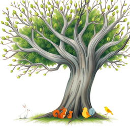 An old tree characterized by its smooth, bare branches, which have freshly sprouted green buds at the tips