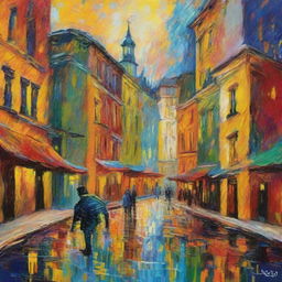 An expressive and vibrant cityscape painting, inspired by Vincent Van Gogh's signature post-impressionistic swirls and dramatic use of colors.