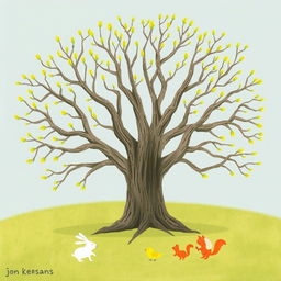 A spring scene featuring an ancient tree with branches at the tips adorned with vibrant green buds