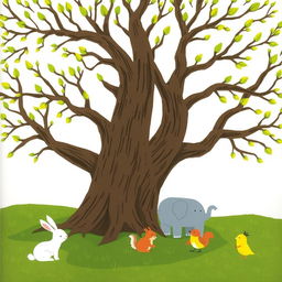 A spring scene featuring an ancient tree with branches at the tips adorned with vibrant green buds