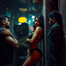 A dramatic scene set in a vibrant yet gritty urban slum, featuring a beautiful South Asian woman resembling a glamorous actress, exuding sensuality while interacting intimately with multiple men