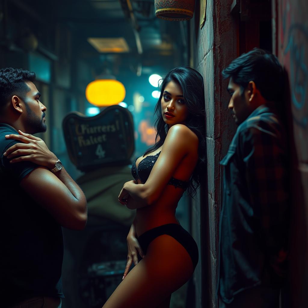 A dramatic scene set in a vibrant yet gritty urban slum, featuring a beautiful South Asian woman resembling a glamorous actress, exuding sensuality while interacting intimately with multiple men