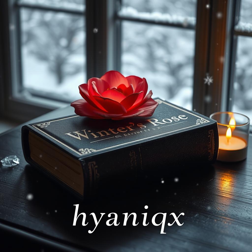 A dark, elegant book titled 'Winter's Rose' resting on a dark table, with a warm atmosphere surrounding it