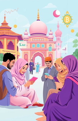 A vibrant and modern depiction of a fintech concept, showcasing P2P financing aligned with Syariah principles