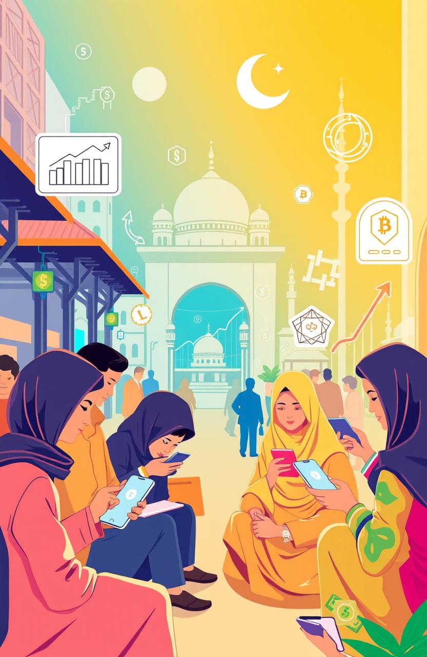 A vibrant and modern depiction of a fintech concept, showcasing P2P financing aligned with Syariah principles