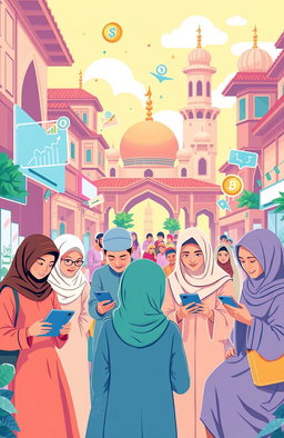 A vibrant and modern depiction of a fintech concept, showcasing P2P financing aligned with Syariah principles