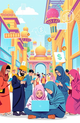 A vibrant and modern depiction of a fintech concept, showcasing P2P financing aligned with Syariah principles