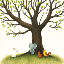 An old tree with smooth, bare branches that have vibrant green buds newly sprouted at the tips