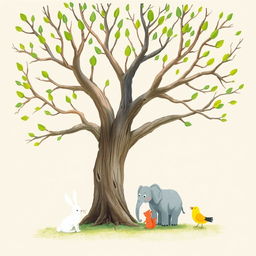 An old tree with smooth, bare branches that have vibrant green buds newly sprouted at the tips