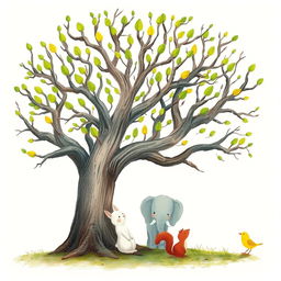 An old tree with smooth, bare branches that feature bright green buds sprouting at the tips