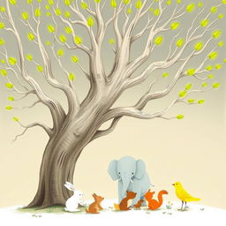 An old tree with smooth, bare branches that feature bright green buds sprouting at the tips